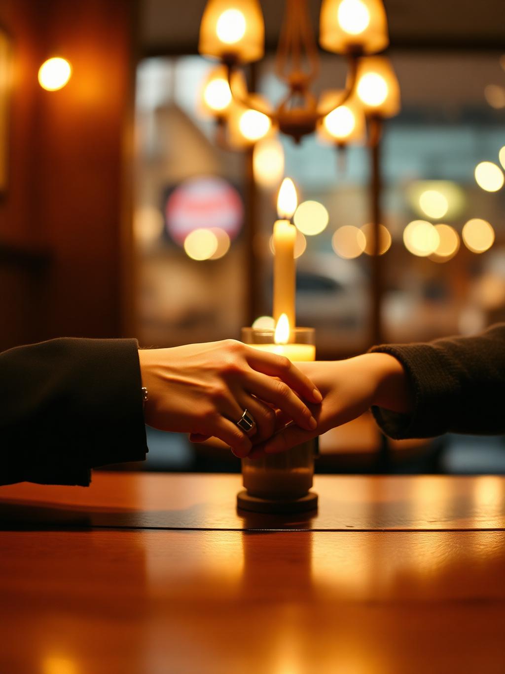 Two hands intertwined on a cafe table