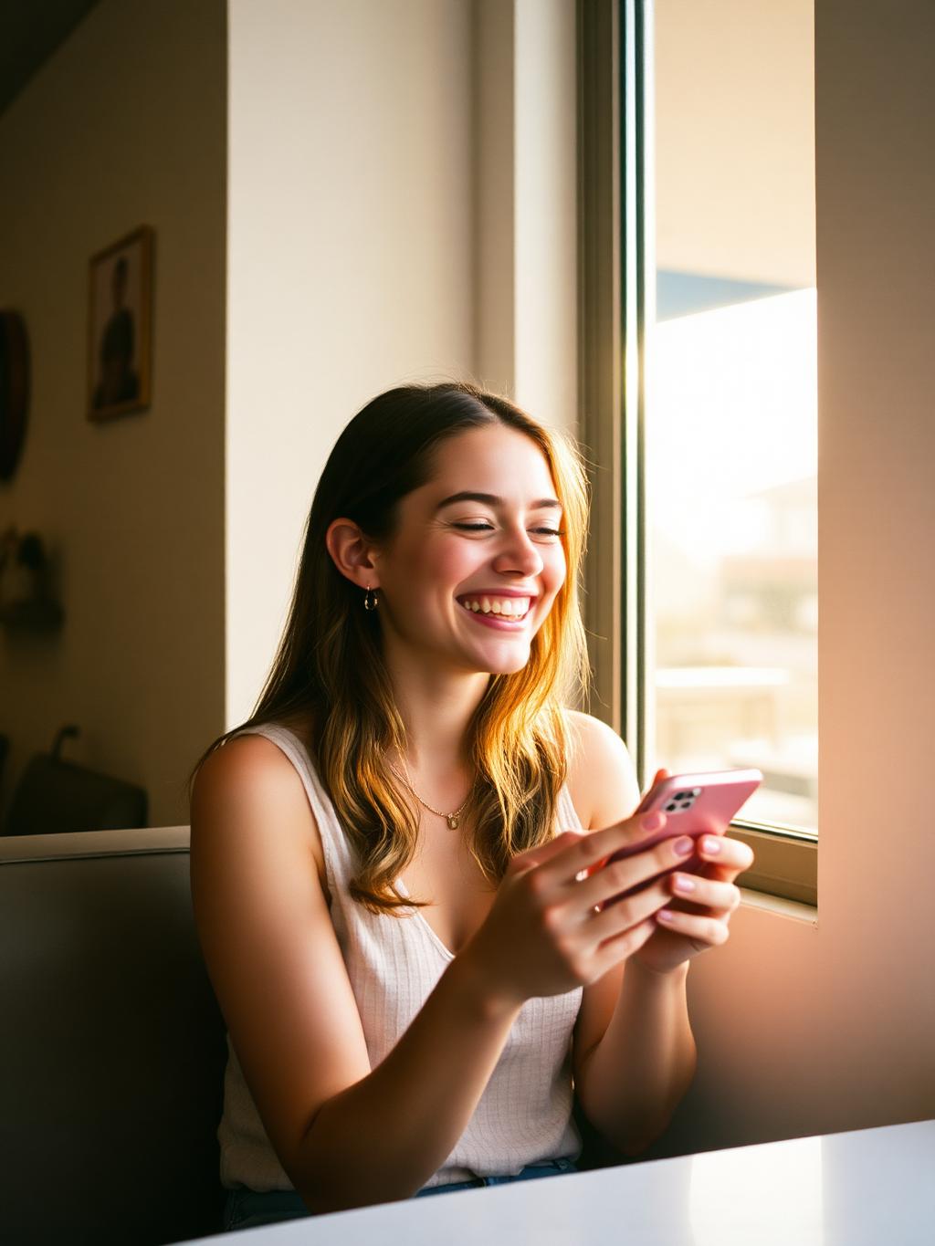 A woman smiling at her phone in a sunlit room